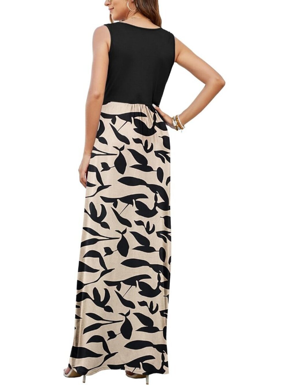 Women's Black Leave Sleeveless Formal V Neck Loose Cocktail Long Maxi Dress - Picture 3 of 4